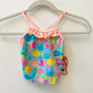 NWT Little Girls 2-Piece Fish Pink Blue Ruffle Tankini Sz 4
